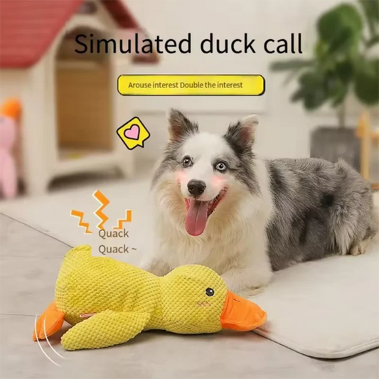 Dog sleeping with a dog hug duck toys to relieve boredom of