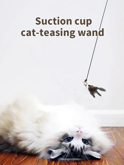 Cat Teaser Wand — Bell & Feather Suction Cup Toy